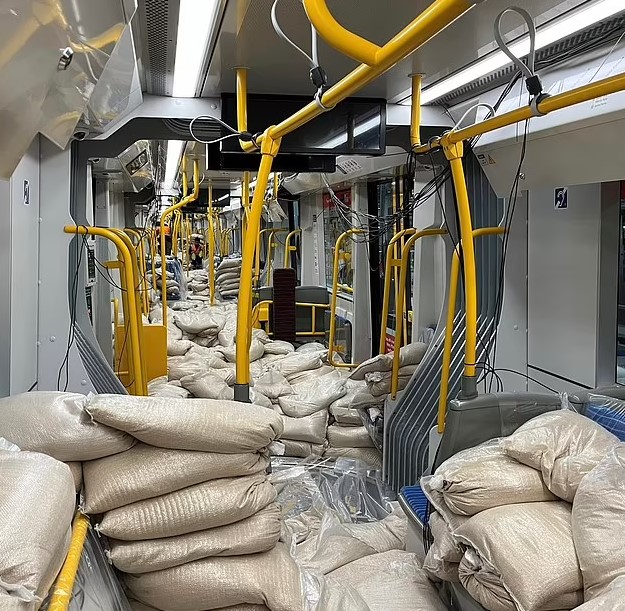 New light rail train pictured full of sandbags - But there is an unexpected explanation