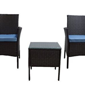 GOJOOASIS Outdoor Wicker Patio Furniture Set 3 Piece Conversation Garden Table and Chairs with Blue Cushions, Brown