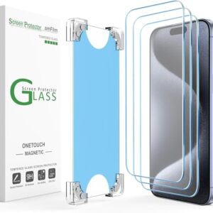 amFilm 3 Pack Magnetic OneTouch iPhone 15 Pro Max 6.7" Screen Protector [Eco Friendly & Reduce Plastic] [Indestructible Ultra 9H Tempered Glass] [30 seconds Auto-Alignment & Ultra Fast Installation]