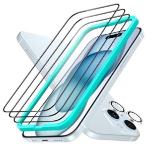 ESR 3+1 Pack Armorite Screen Protector Set for iPhone 15 Plus, Ultra-tough Tempered Glass, Easy Installation Frame, 3-Pack with 1 Set of Individual Camera Lens Protector