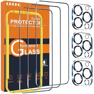 QHOHQ 3 Pack Screen Protector for iPhone 15 Pro [6.1 Inch] with 3 Pack Camera Lens Protector, Tempered Glass Film, HD Clear, 9H Hardness, No Bubbles, Case Friendly
