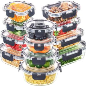 Skroam 12 Pack Glass Food Storage Containers with Lids, Meal Prep, Pantry Kitchen Storage Containers for Lunch, Leak Proof, Airtight Glass Lunch Bento Boxes for Microwave, Oven, Freezer and Dishwasher