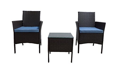 Patio Furniture Set – Outdoor Wicker Patio Furniture Set 3 Piece Conversation Garden Table and Chairs with Blue Cushions, Brown