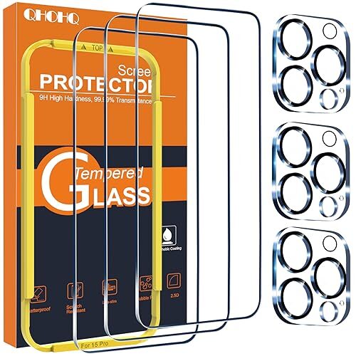QHOHQ iPhone 15 Pro Screen Protector and Camera Lens Protector (3 Pack)